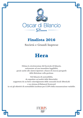 Hera is one of the three companies shortlisted as the best for financial communication at the nationwide 2016 FERPI oscar