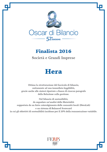 Awards Hera is one of the three companies shortlisted as the best for financial communication at the nationwide 2016 FERPI oscar